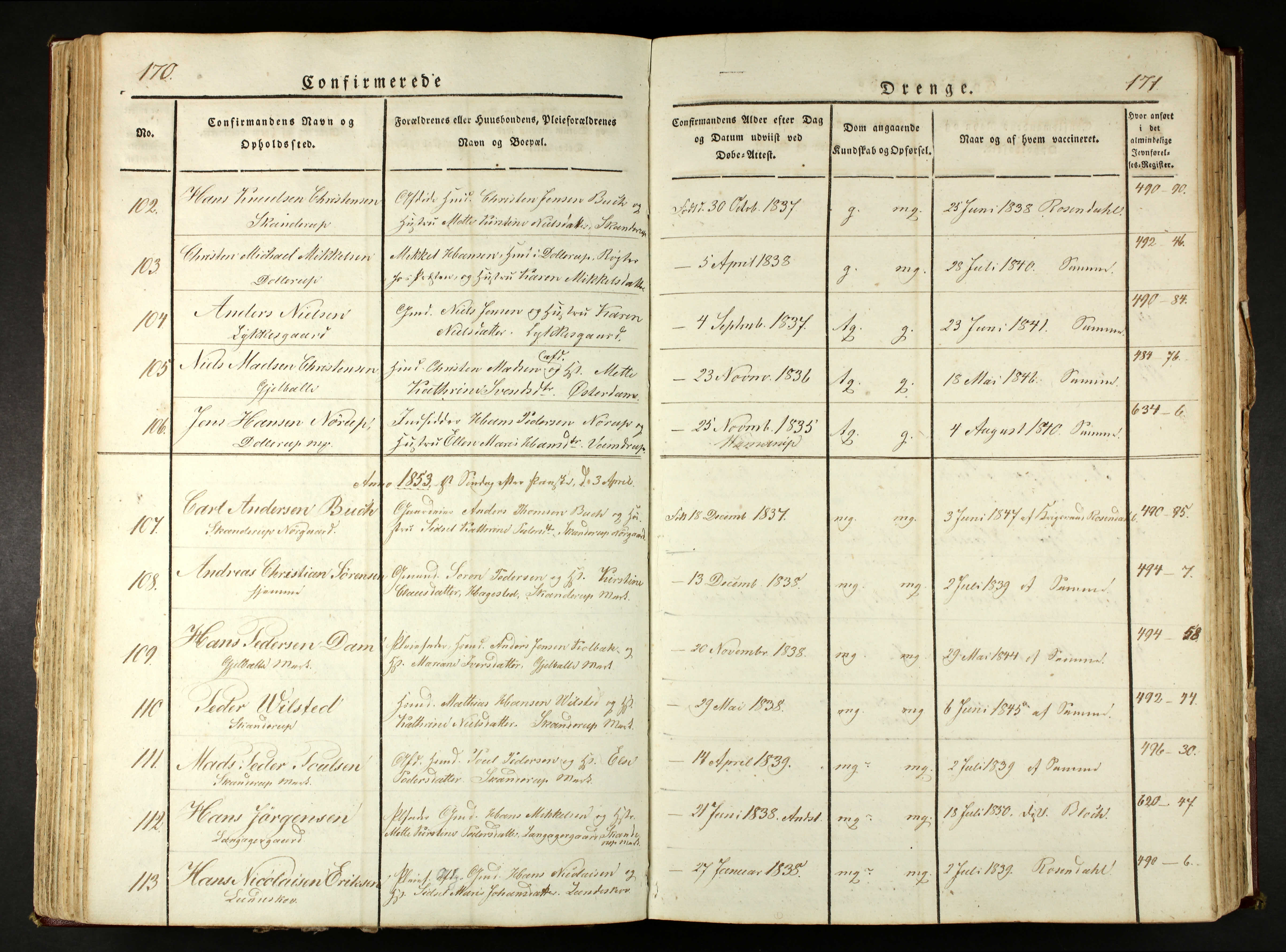 Kontraministerialbog, Konfirmerede Mænd 1830-1871, Skanderup Sogn, Anst Herred, Ribe Amt, side 170, nr. 107  (65038 KB)
3 Apr. 1843 
(Klik på billedet for at se i fuld størrelse)